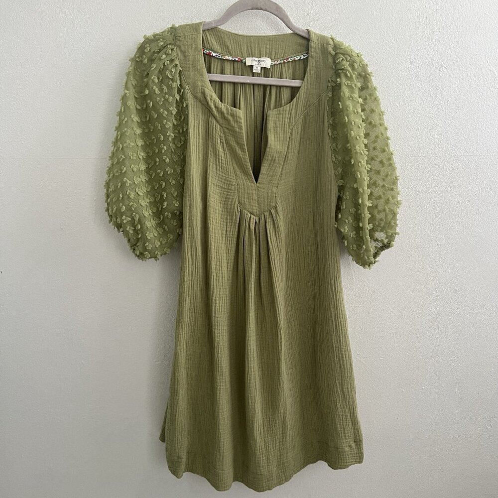 NEW Umgee Olive Green Mini Dress Puff Sleeve Swiss Dot MEDIUM Boho - Picture 3 of 15